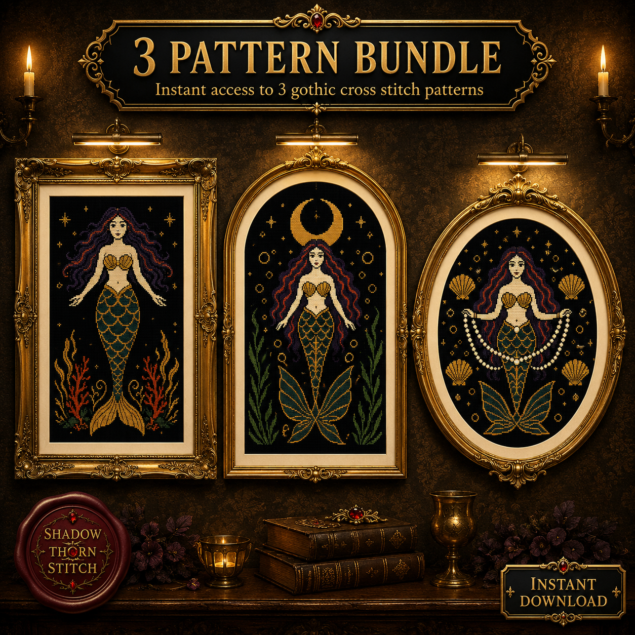 Gothic Mermaid cross stitch pattern bundle - 01-mermaid-cross-stitch-pattern-bundle