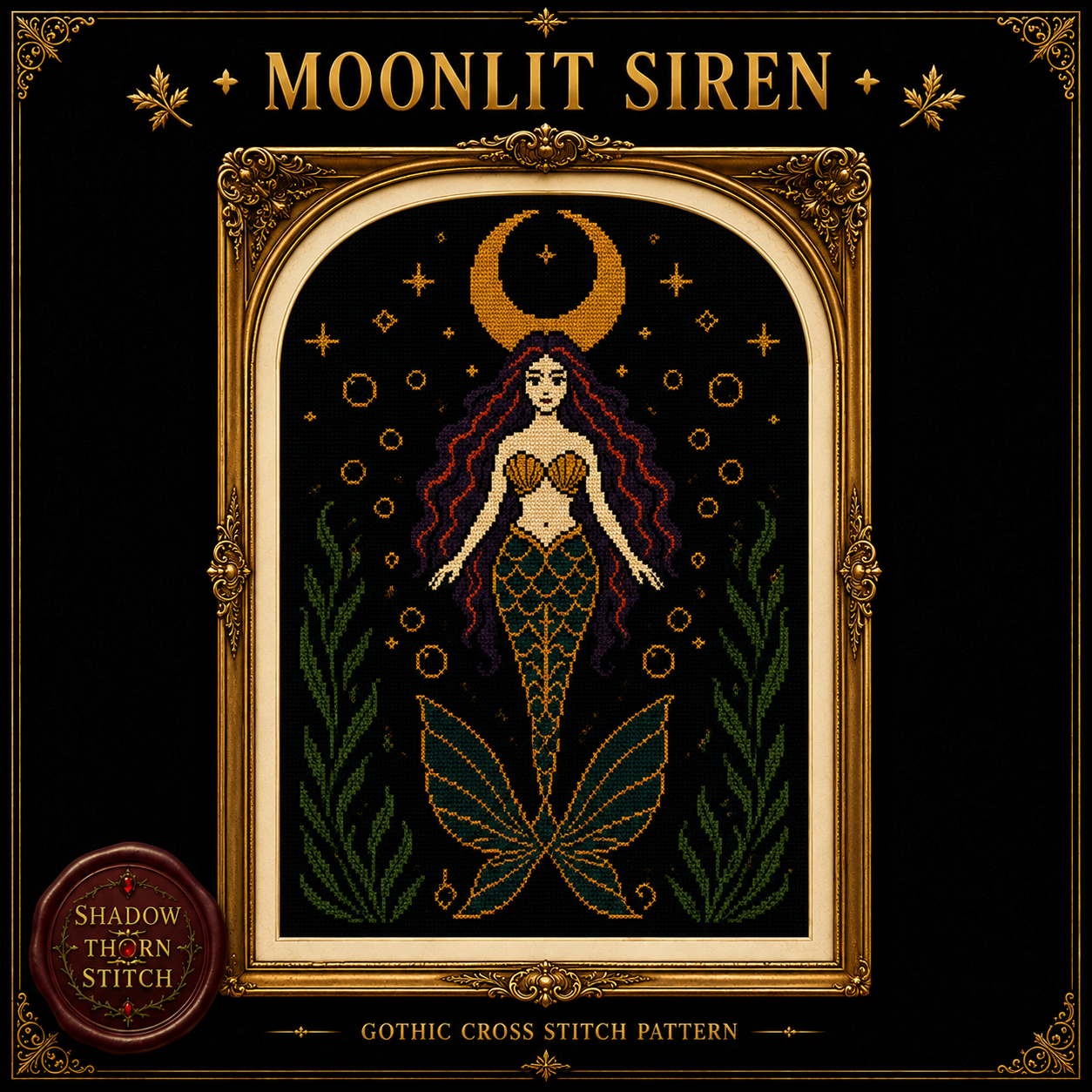 Gothic Mermaid cross stitch pattern bundle - 04-moon-mermaid-cross-stitch