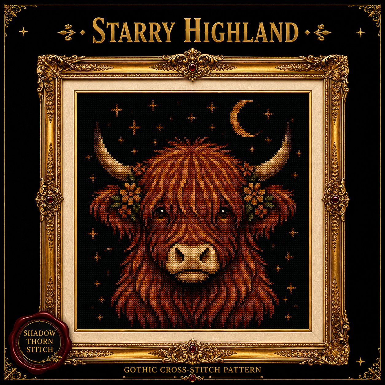 Highland Cow cross stitch pattern bundle - 05-moon-highland-cow-cross-stitch