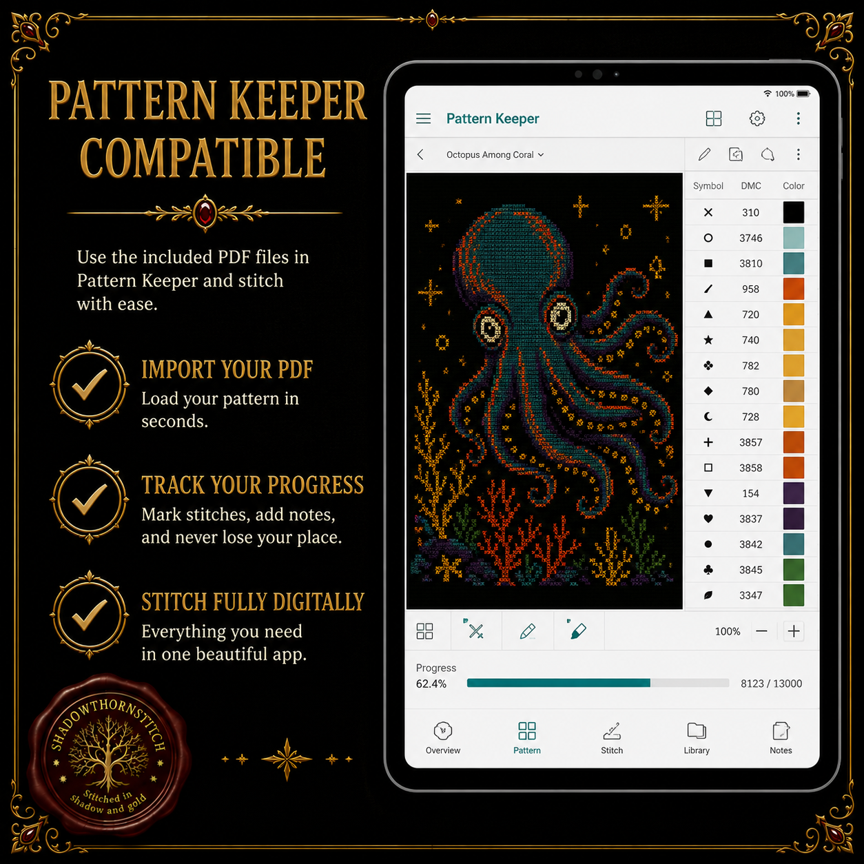 Gothic Octopus cross stitch pattern bundle - 07-coral-octopus-cross-stitch