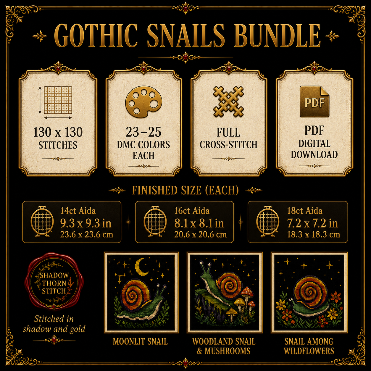 Gothic Snail cross stitch pattern bundle - 07-wildflower-snail-cross-stitch