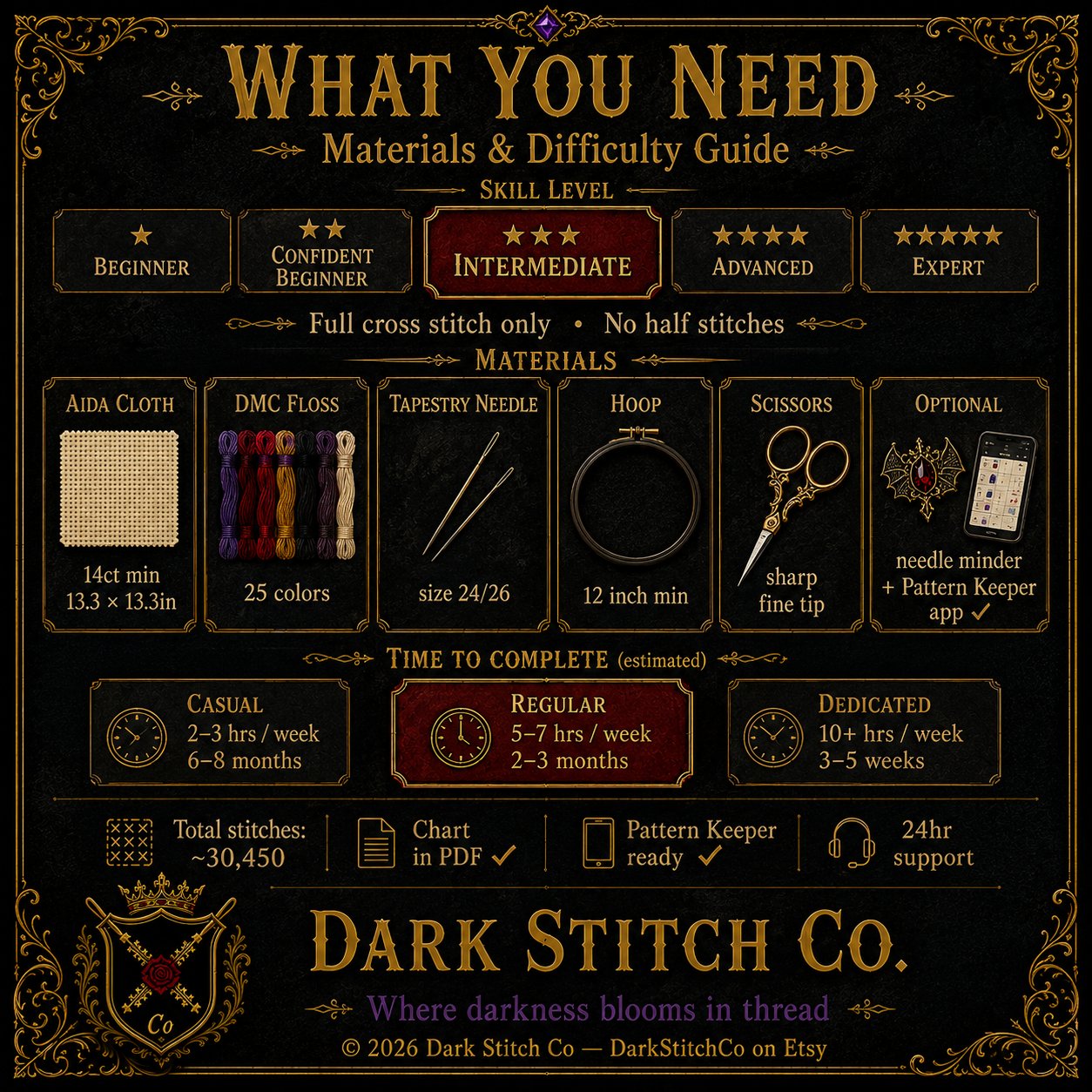 Gothic Bat Queen cross stitch finished piece framed on dark gothic wall — handmade home decor