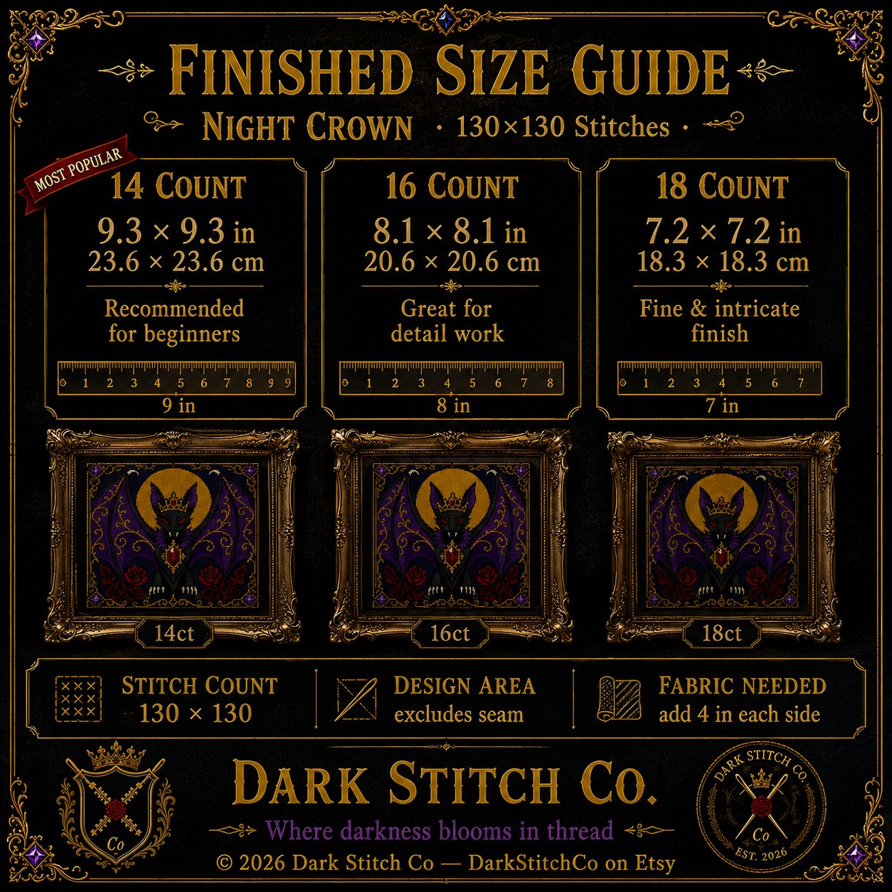 Gothic Bat Queen cross stitch color chart preview with full DMC floss code list