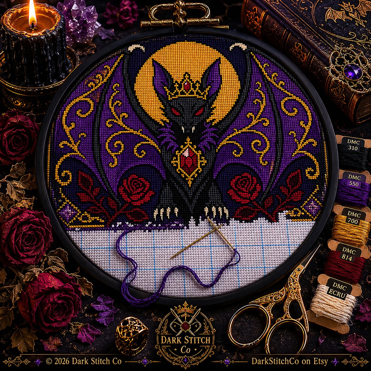 Gothic Bat Queen cross stitch hoop displayed in witchy gothic home decor aesthetic