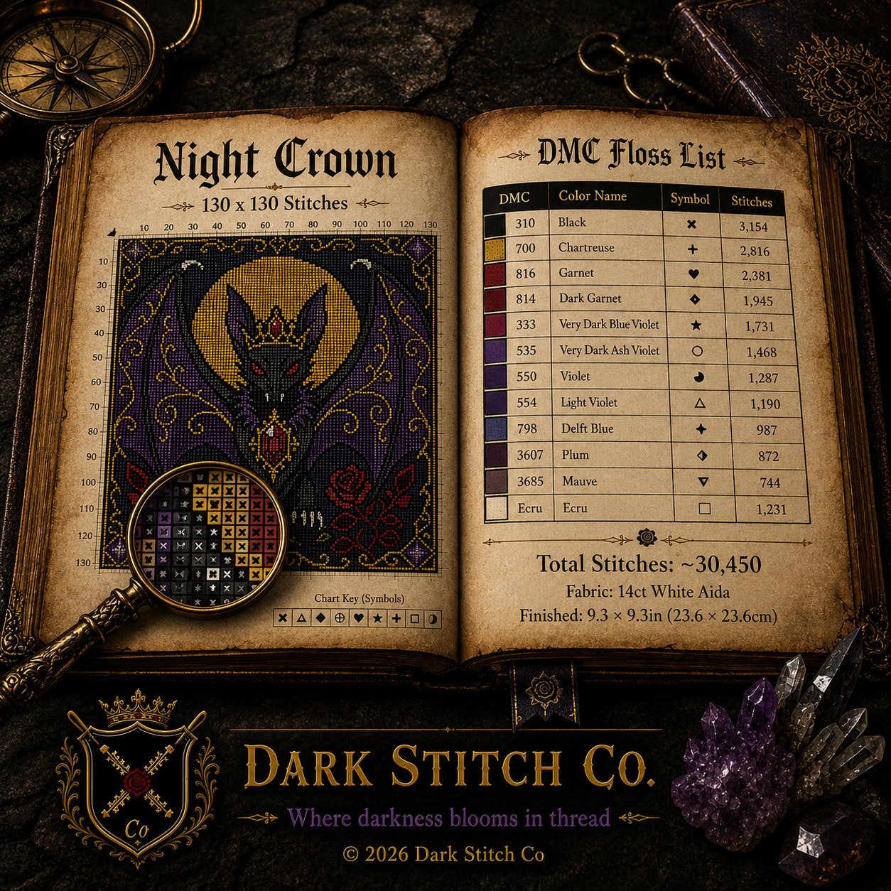 Gothic Bat Queen cross stitch close-up detail showing intricate gothic stitch work