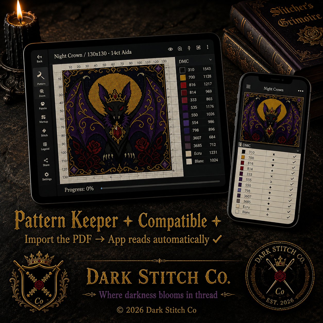 Gothic Bat Queen cross stitch pattern shown with DMC floss thread color palette