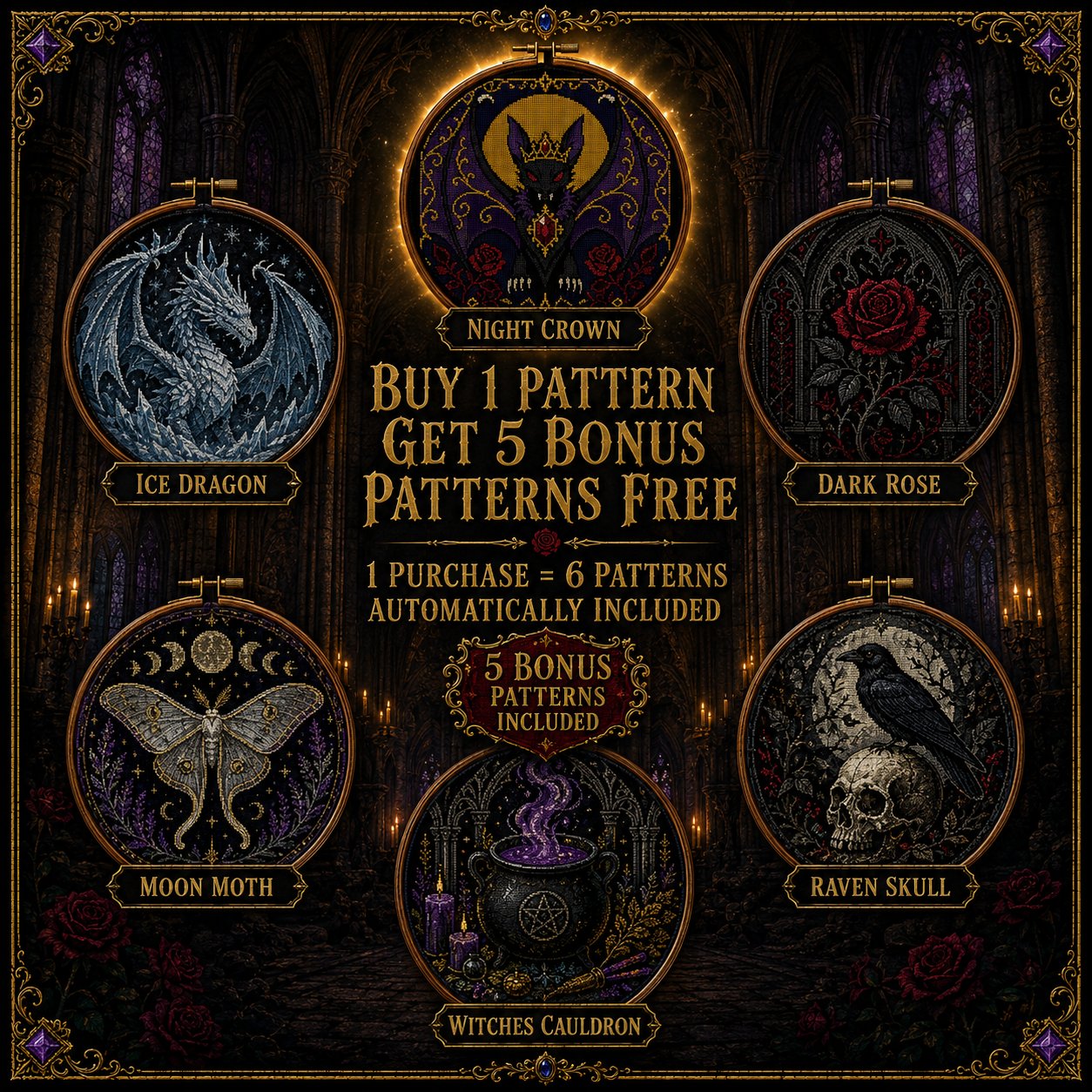 Gothic Bat Queen cross stitch black and white symbol chart preview — printer friendly