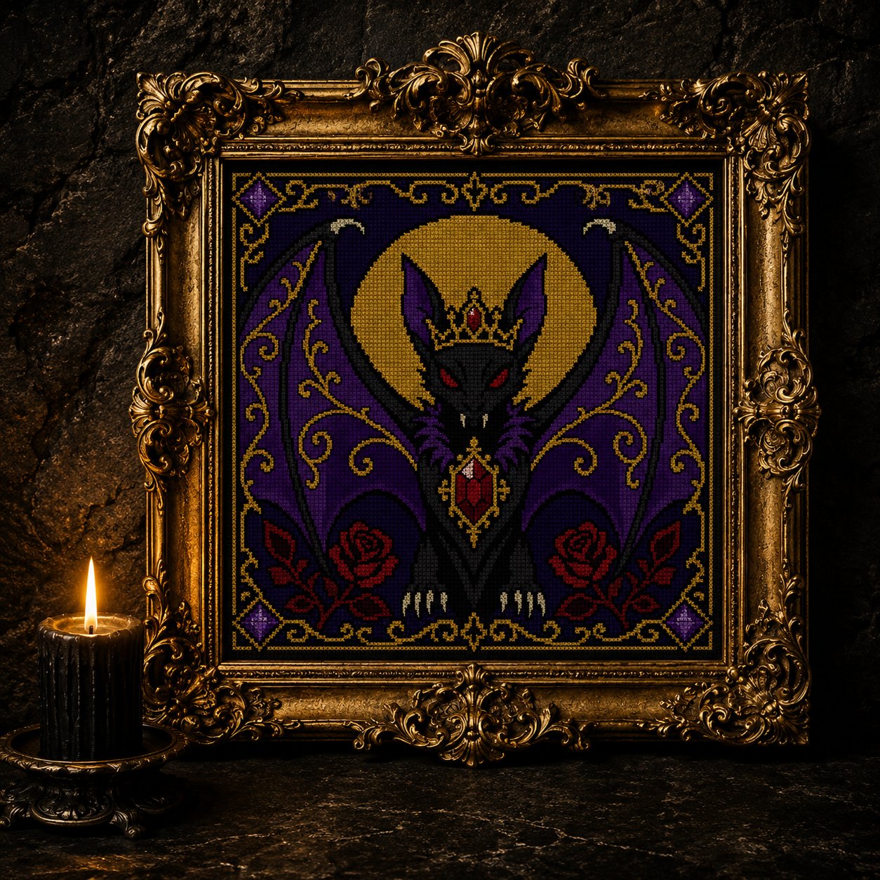 Gothic Bat Queen cross stitch gift idea for gothic stitchers and dark fantasy lovers
