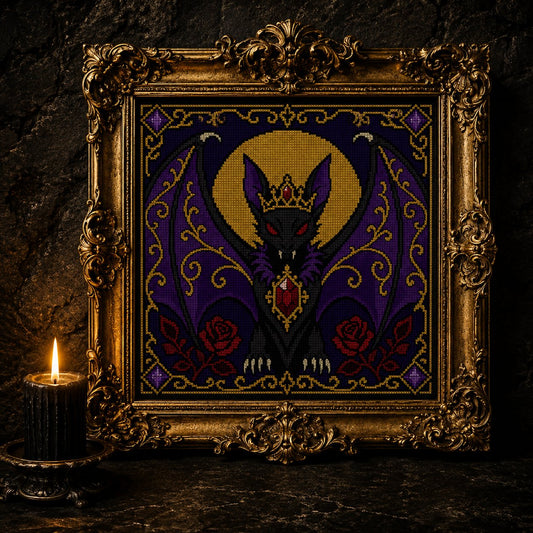 Gothic Bat Queen cross stitch gift idea for gothic stitchers and dark fantasy lovers