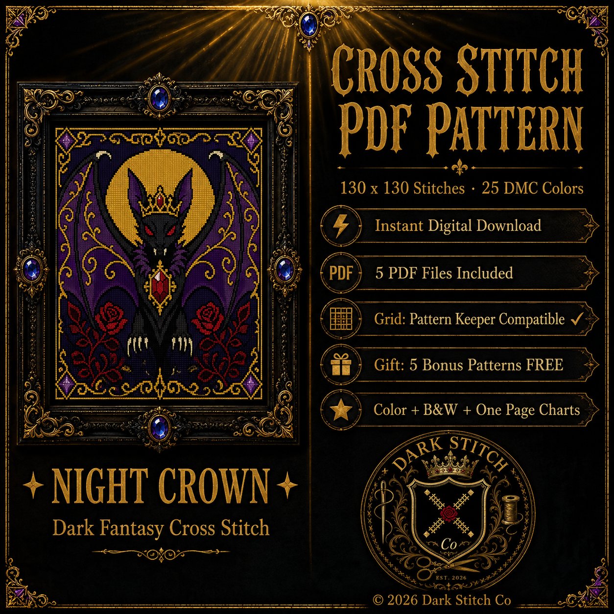 Gothic Bat Queen cross stitch pattern by DarkStitchCo — instant PDF download with bonus patterns