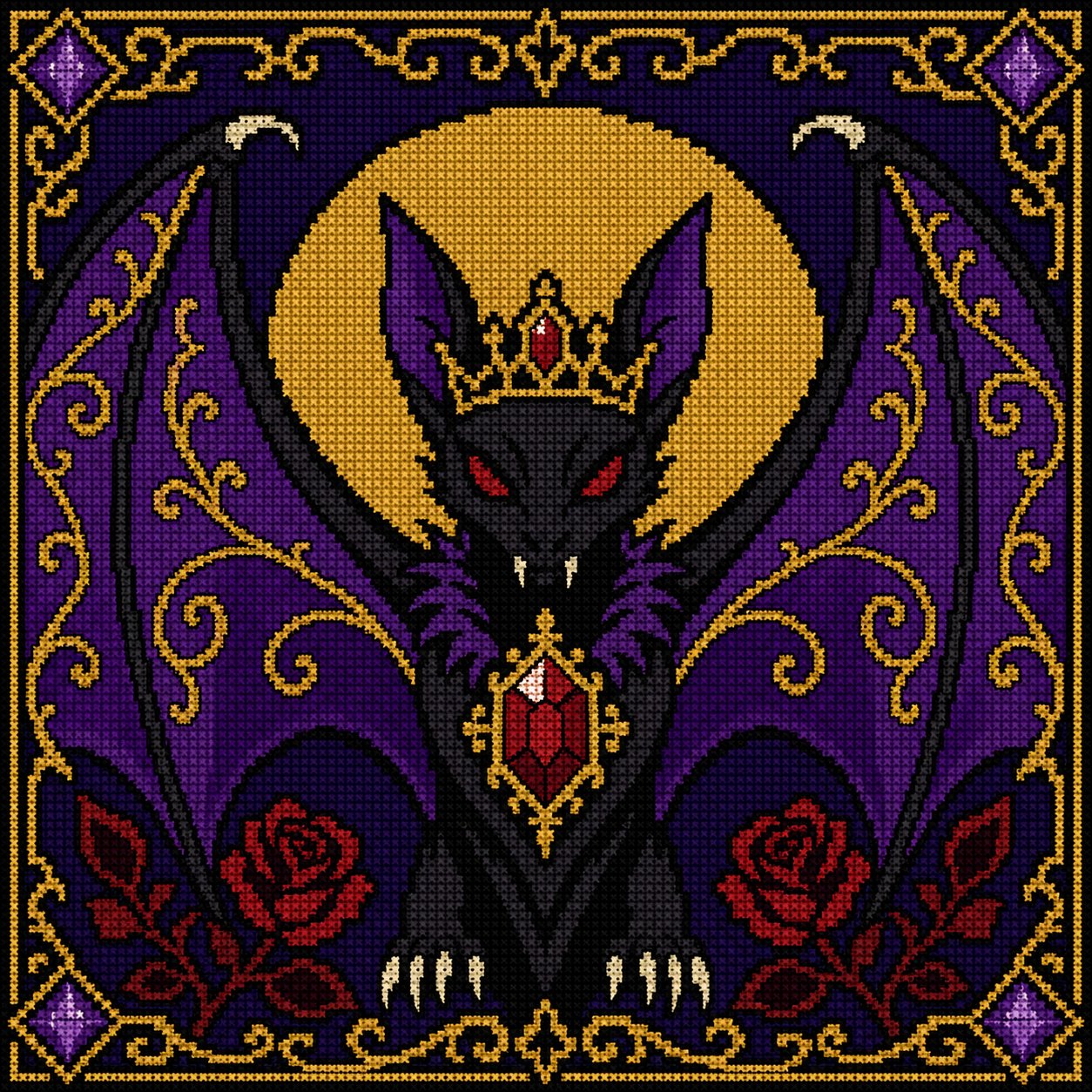 Gothic Bat Queen cross stitch pattern by DarkStitchCo — instant PDF download with bonus patterns