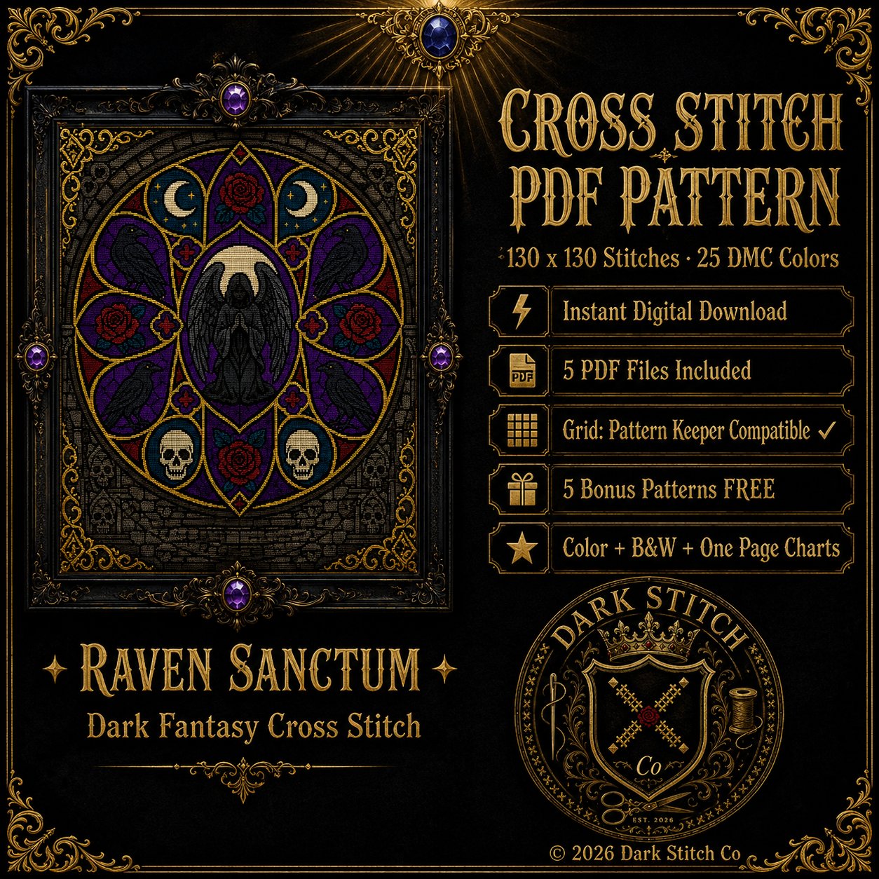 Gothic Cathedral Stained Glass cross stitch pattern PDF — dark fantasy 130x130 design by DarkStitchCo