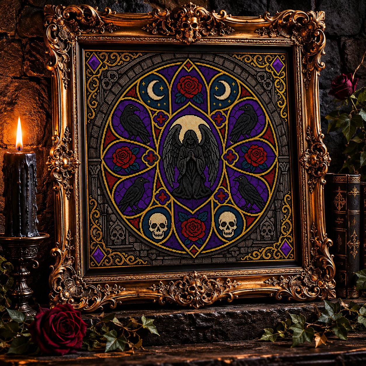 Gothic Cathedral Stained Glass cross stitch finished piece framed on dark gothic wall — handmade home decor