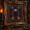 Gothic Cathedral Stained Glass cross stitch finished piece framed on dark gothic wall — handmade home decor