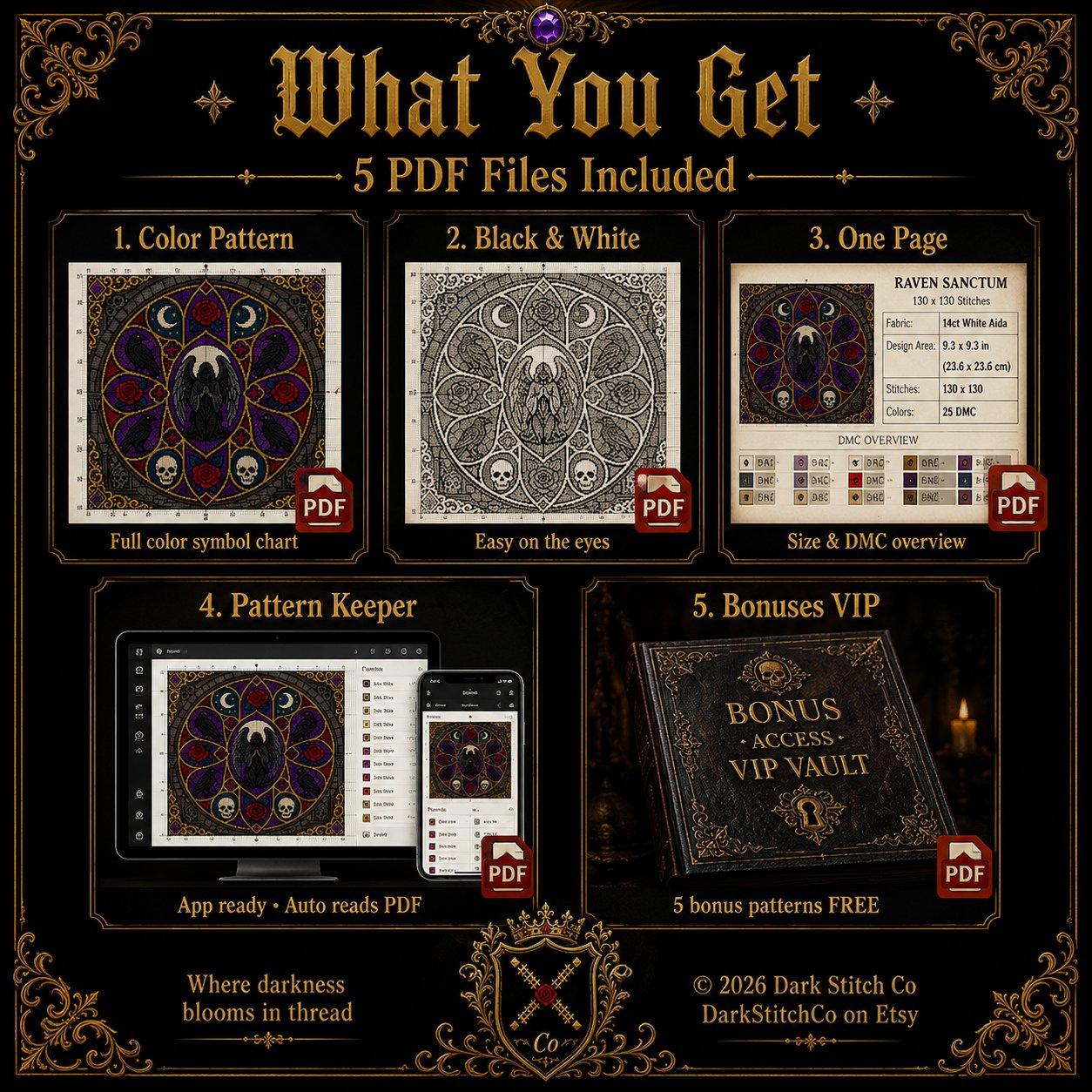 Gothic Cathedral Stained Glass cross stitch color chart preview with full DMC floss code list