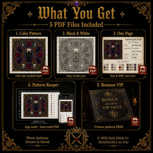 Gothic Cathedral Stained Glass cross stitch color chart preview with full DMC floss code list