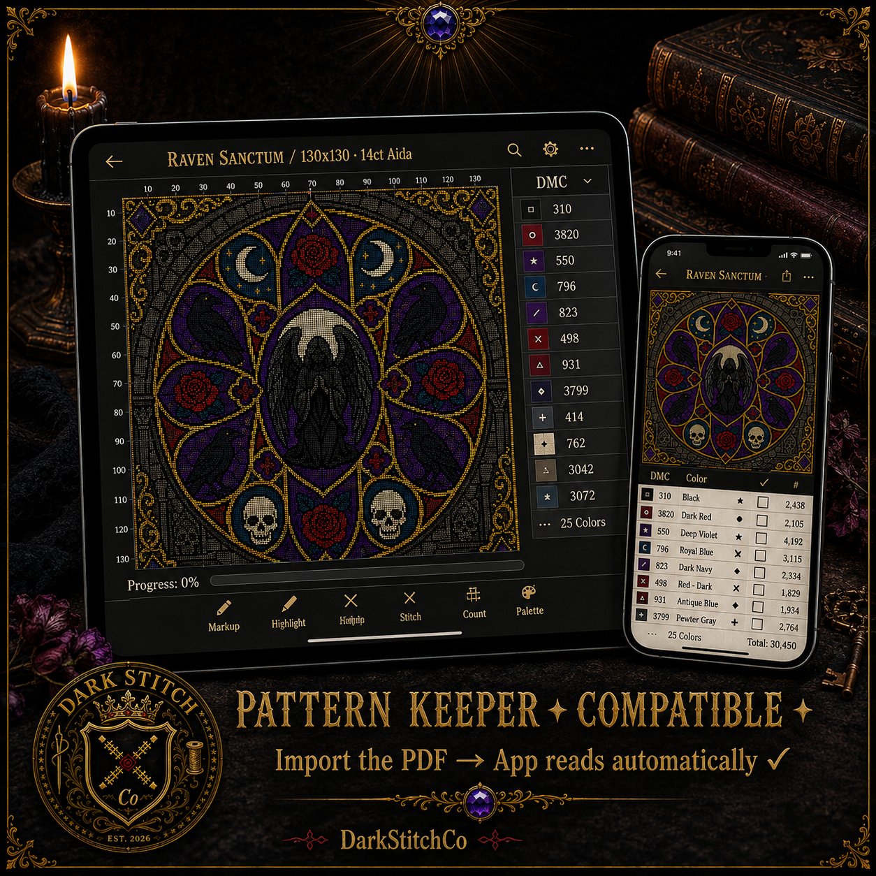 Gothic Cathedral Stained Glass cross stitch close-up detail showing intricate gothic stitch work