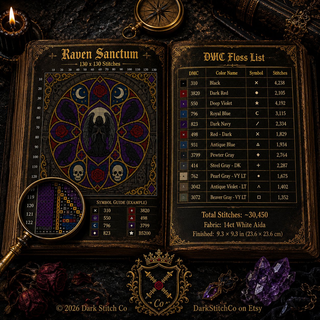 Gothic Cathedral Stained Glass cross stitch pattern shown with DMC floss thread color palette