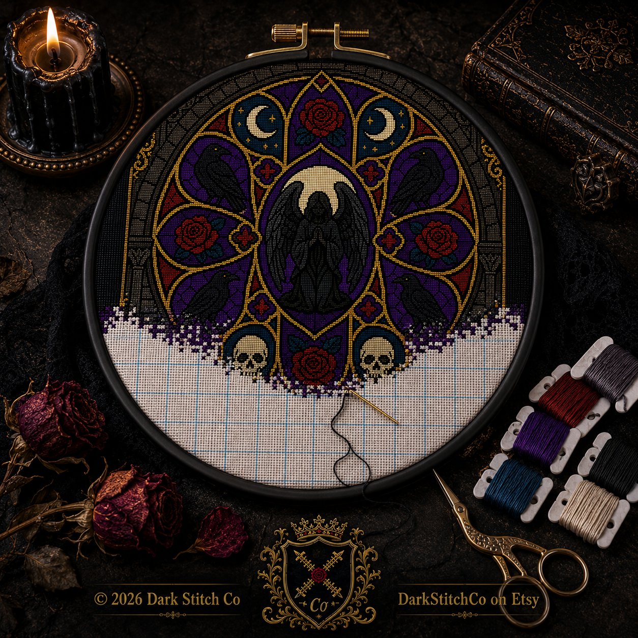 Gothic Cathedral Stained Glass cross stitch black and white symbol chart preview — printer friendly