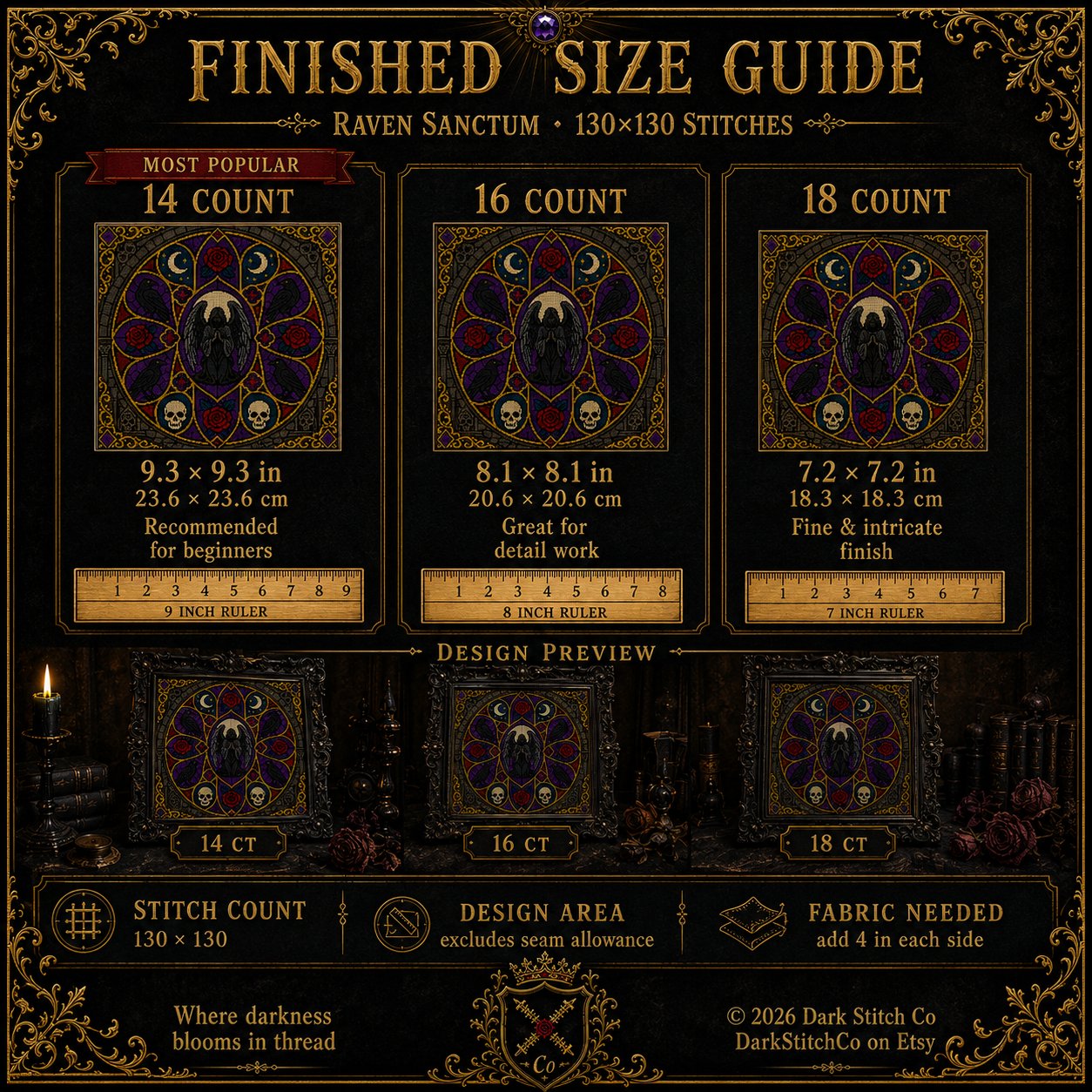 Gothic Cathedral Stained Glass cross stitch finished on white Aida fabric with embroidery hoop