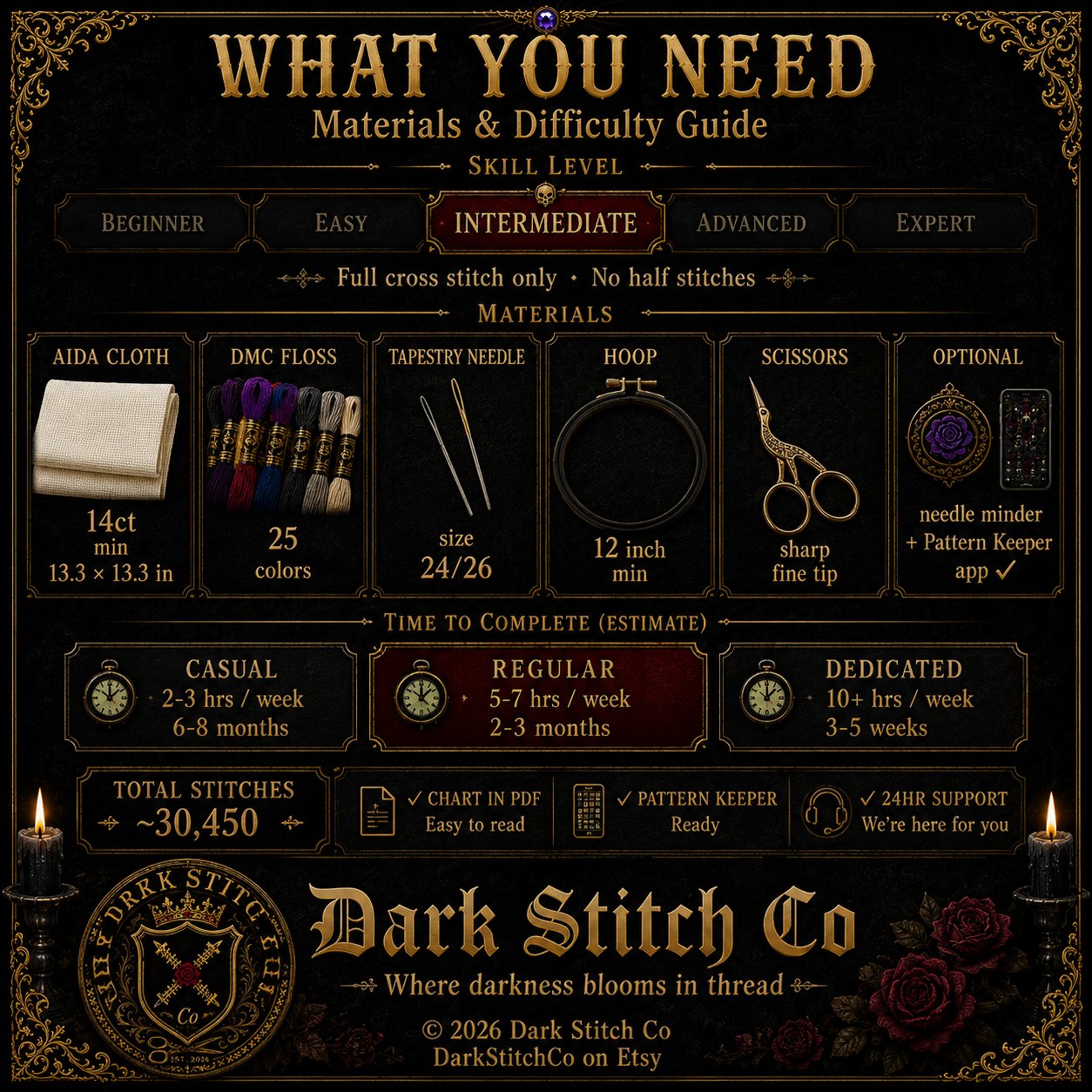 Gothic Cathedral Stained Glass cross stitch gift idea for gothic stitchers and dark fantasy lovers
