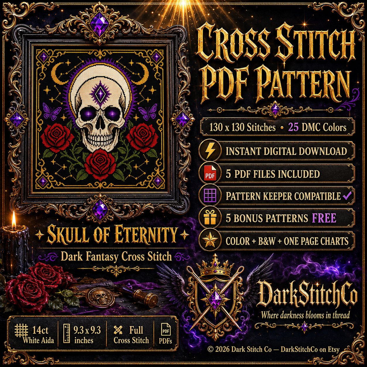Gothic Celestial Skull cross stitch pattern PDF — dark fantasy 130x130 design by DarkStitchCo