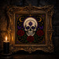 Gothic Celestial Skull cross stitch finished piece framed on dark gothic wall — handmade home decor