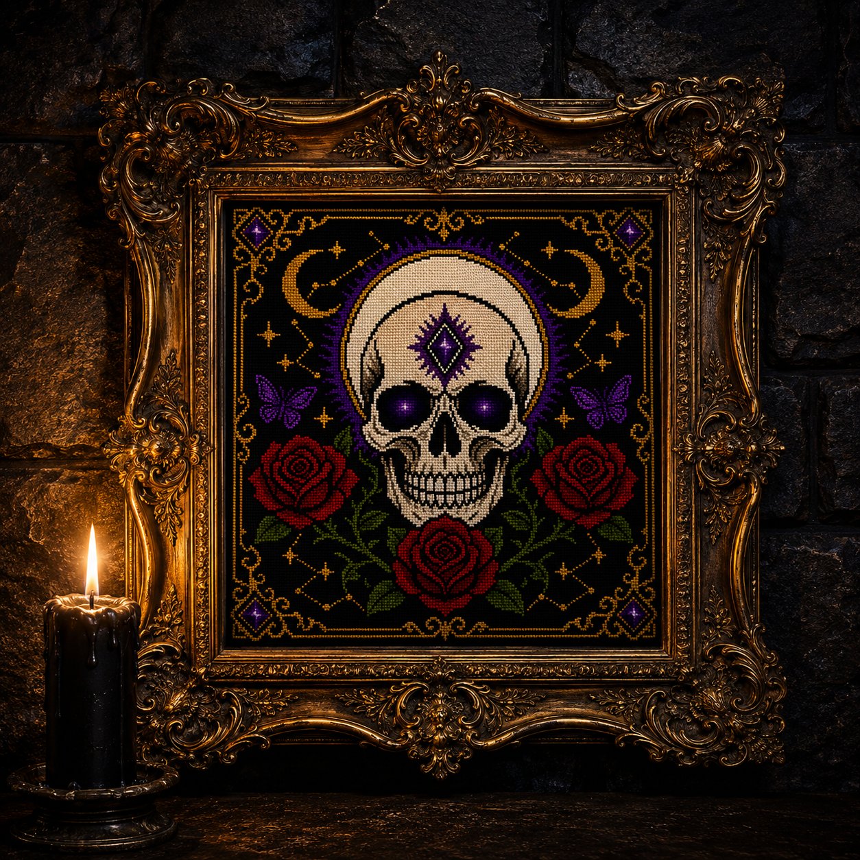 Gothic Celestial Skull cross stitch finished piece framed on dark gothic wall — handmade home decor