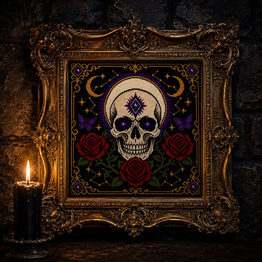 Gothic Celestial Skull cross stitch finished piece framed on dark gothic wall — handmade home decor