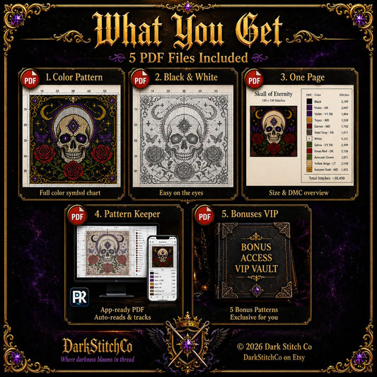 Gothic Celestial Skull cross stitch color chart preview with full DMC floss code list