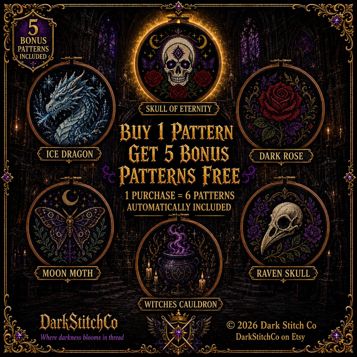 Gothic Celestial Skull cross stitch hoop displayed in witchy gothic home decor aesthetic