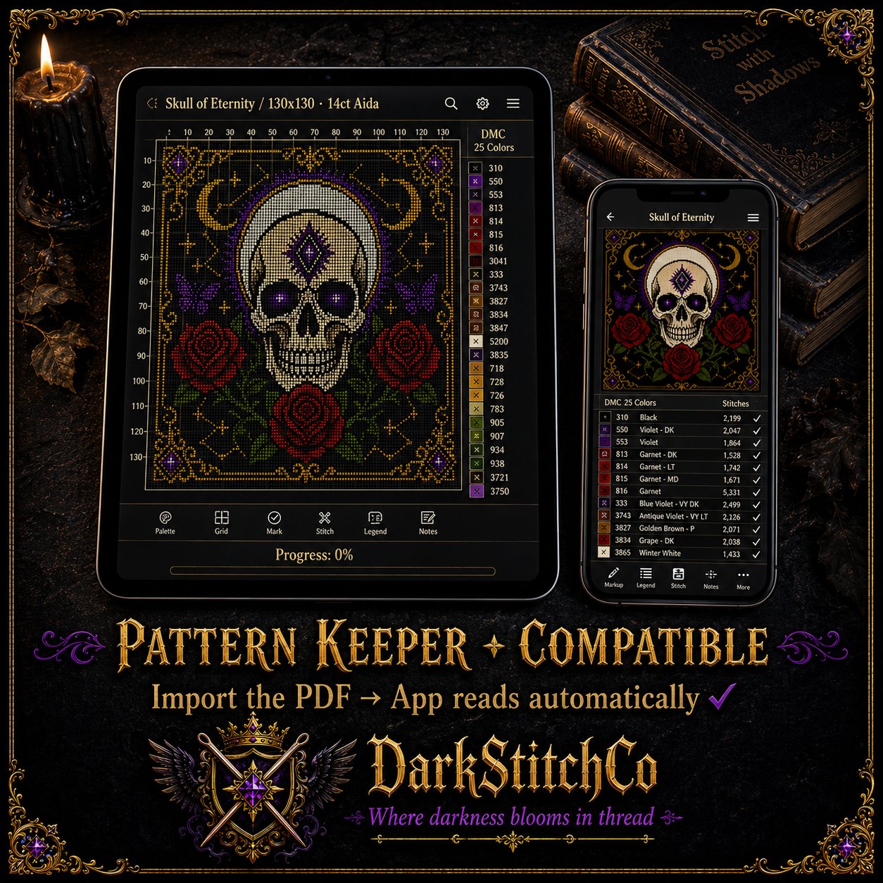 Gothic Celestial Skull cross stitch close-up detail showing intricate gothic stitch work