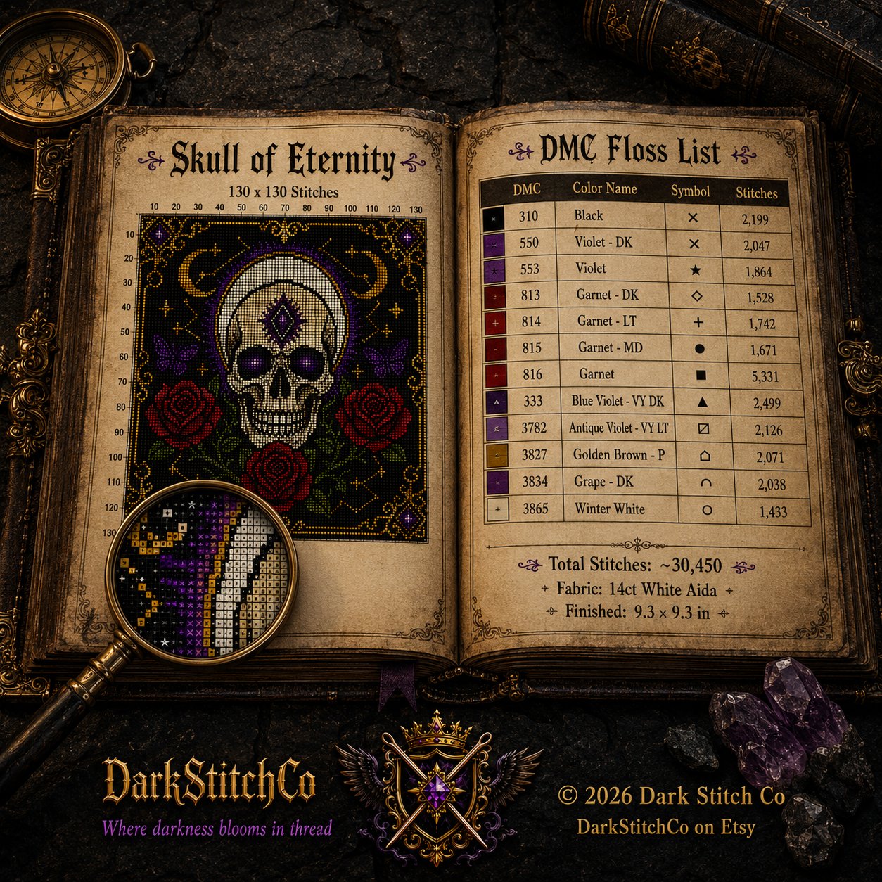 Gothic Celestial Skull cross stitch pattern shown with DMC floss thread color palette