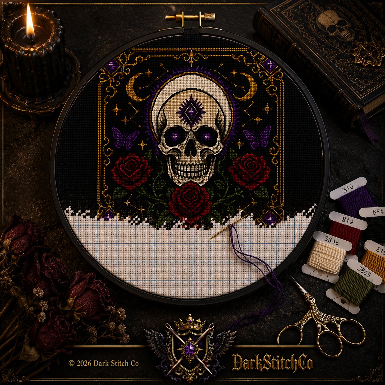 Gothic Celestial Skull cross stitch black and white symbol chart preview — printer friendly