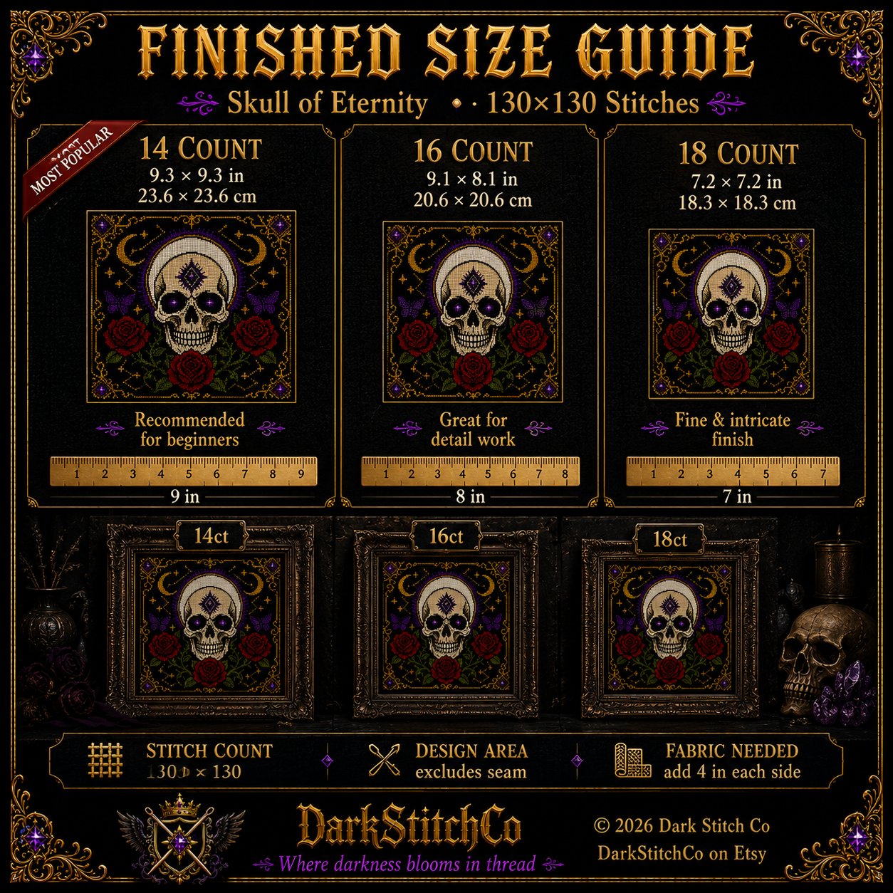 Gothic Celestial Skull cross stitch finished on white Aida fabric with embroidery hoop