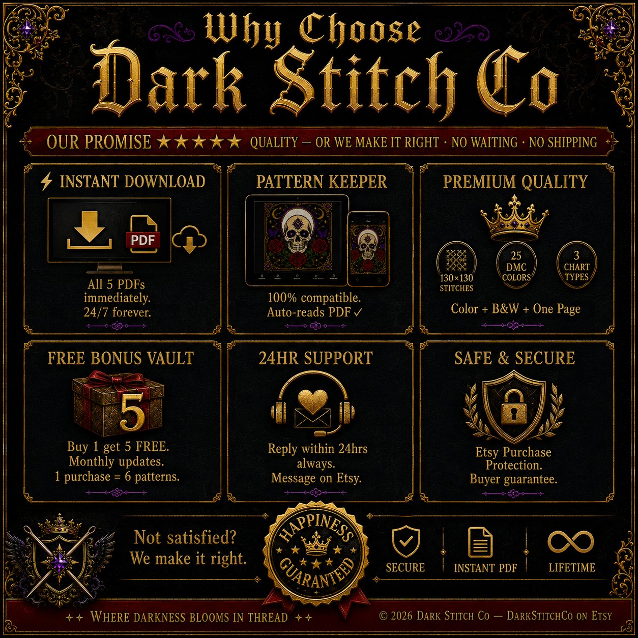 Gothic Celestial Skull cross stitch pattern by DarkStitchCo — instant PDF download with bonus patterns