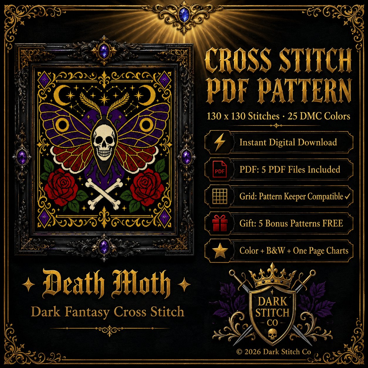Gothic Death Head Moth cross stitch pattern PDF — dark fantasy 130x130 design by DarkStitchCo