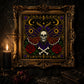 Gothic Death Head Moth cross stitch finished piece framed on dark gothic wall — handmade home decor
