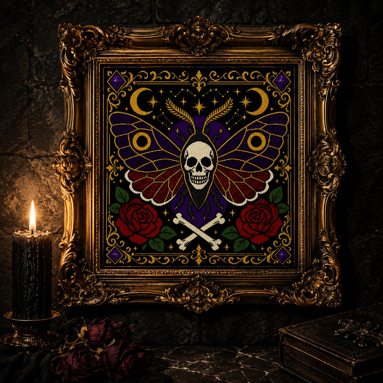 Gothic Death Head Moth cross stitch finished piece framed on dark gothic wall — handmade home decor