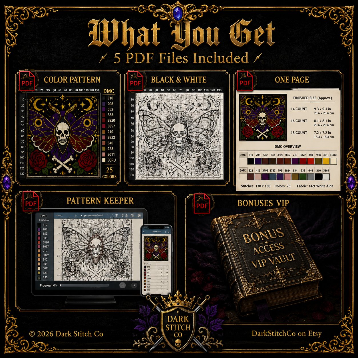 Gothic Death Head Moth cross stitch color chart preview with full DMC floss code list