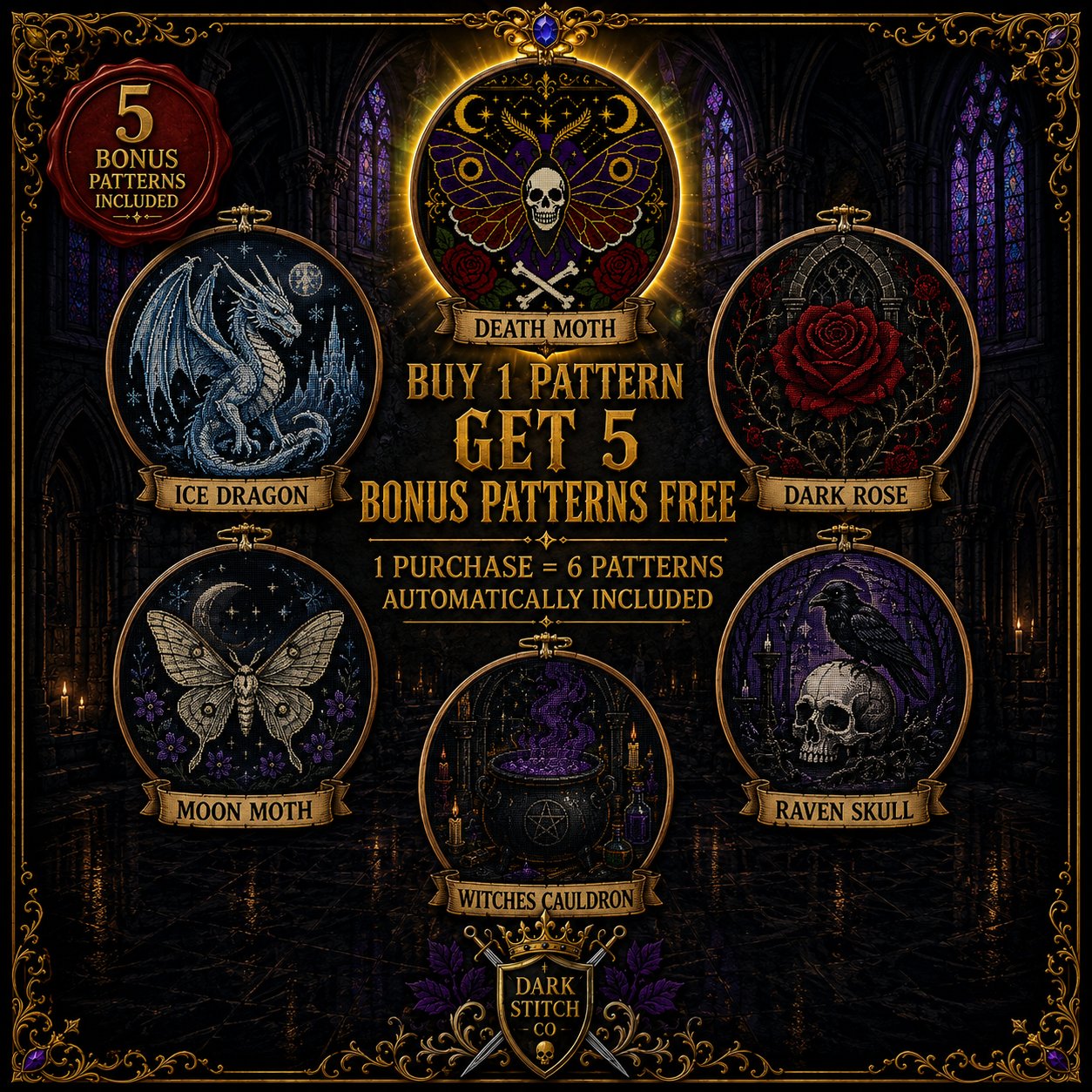 Gothic Death Head Moth cross stitch hoop displayed in witchy gothic home decor aesthetic