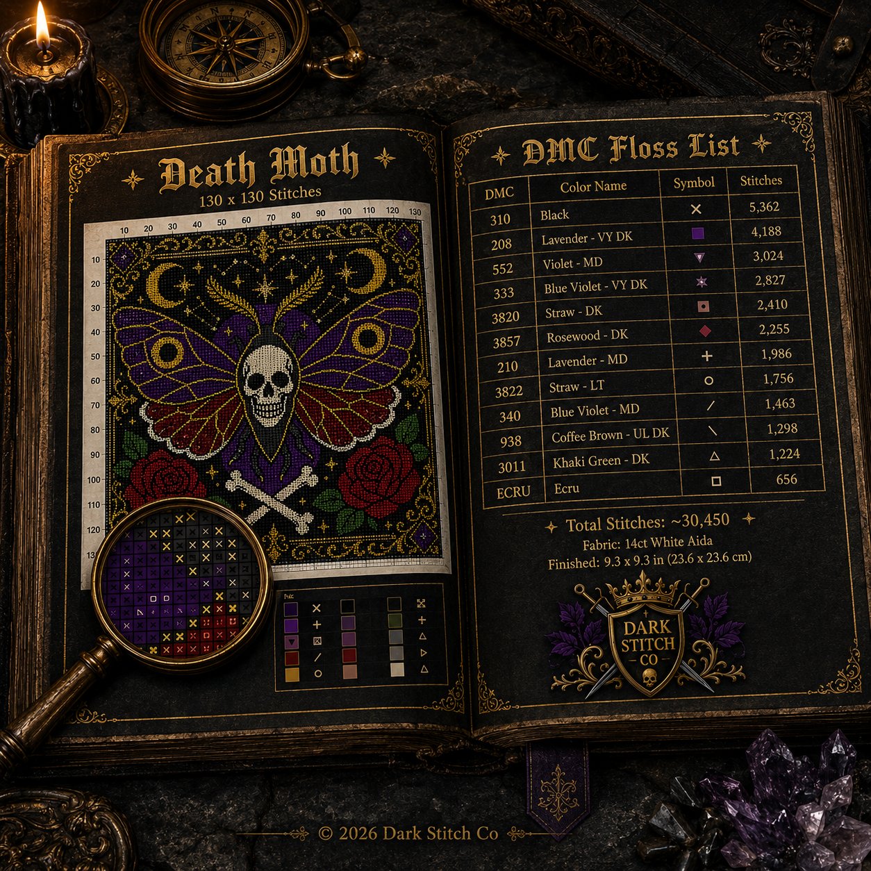 Gothic Death Head Moth cross stitch pattern shown with DMC floss thread color palette