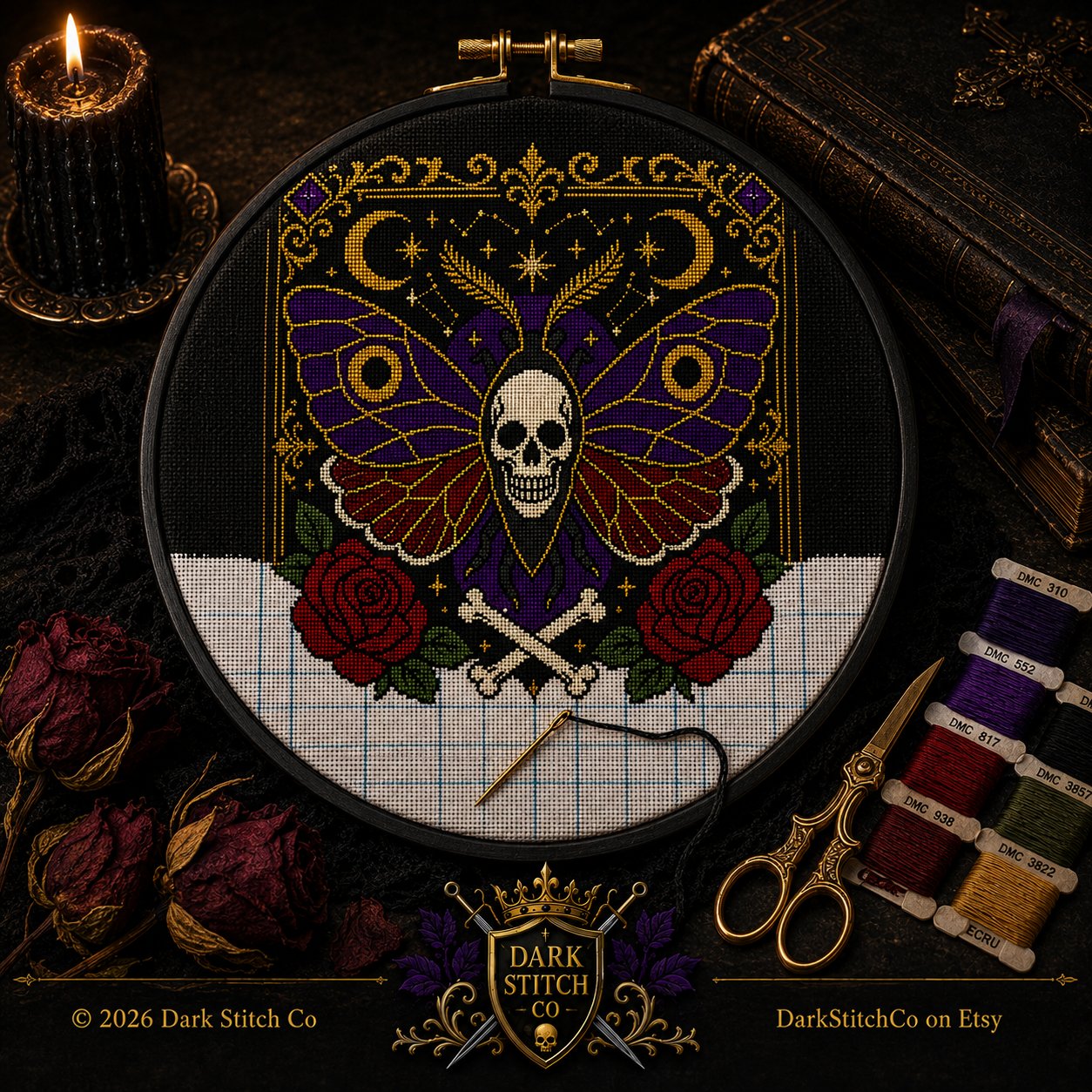 Gothic Death Head Moth cross stitch black and white symbol chart preview — printer friendly