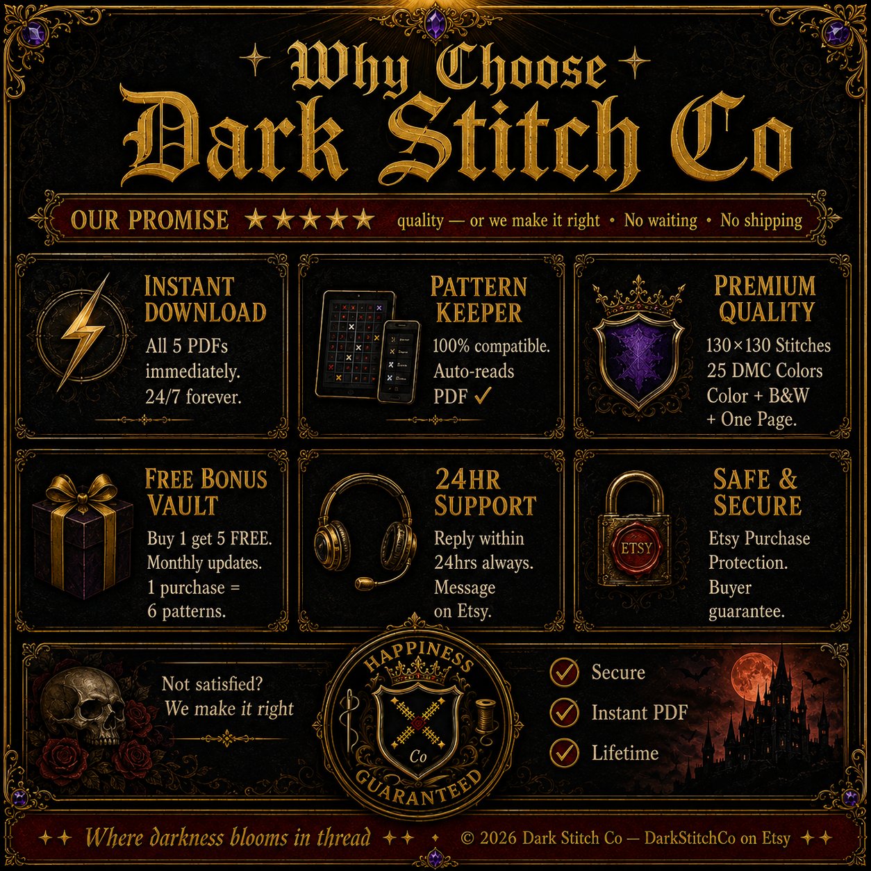 Gothic Fallen Angel cross stitch pattern PDF — dark fantasy 130x130 design by DarkStitchCo