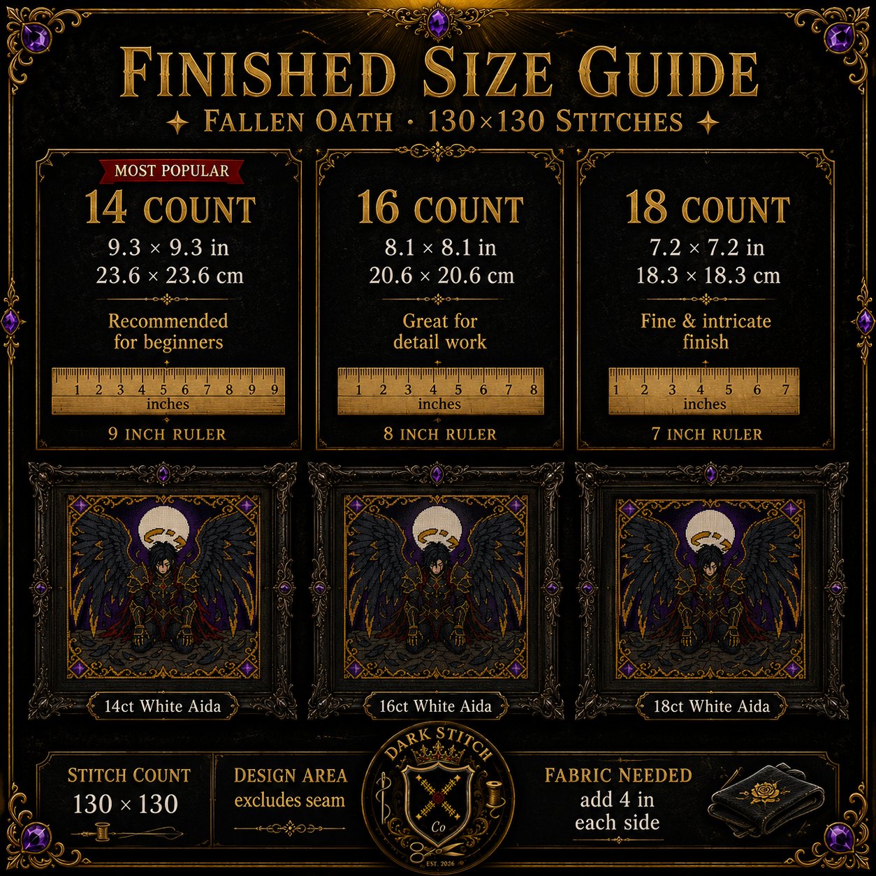 Gothic Fallen Angel cross stitch color chart preview with full DMC floss code list