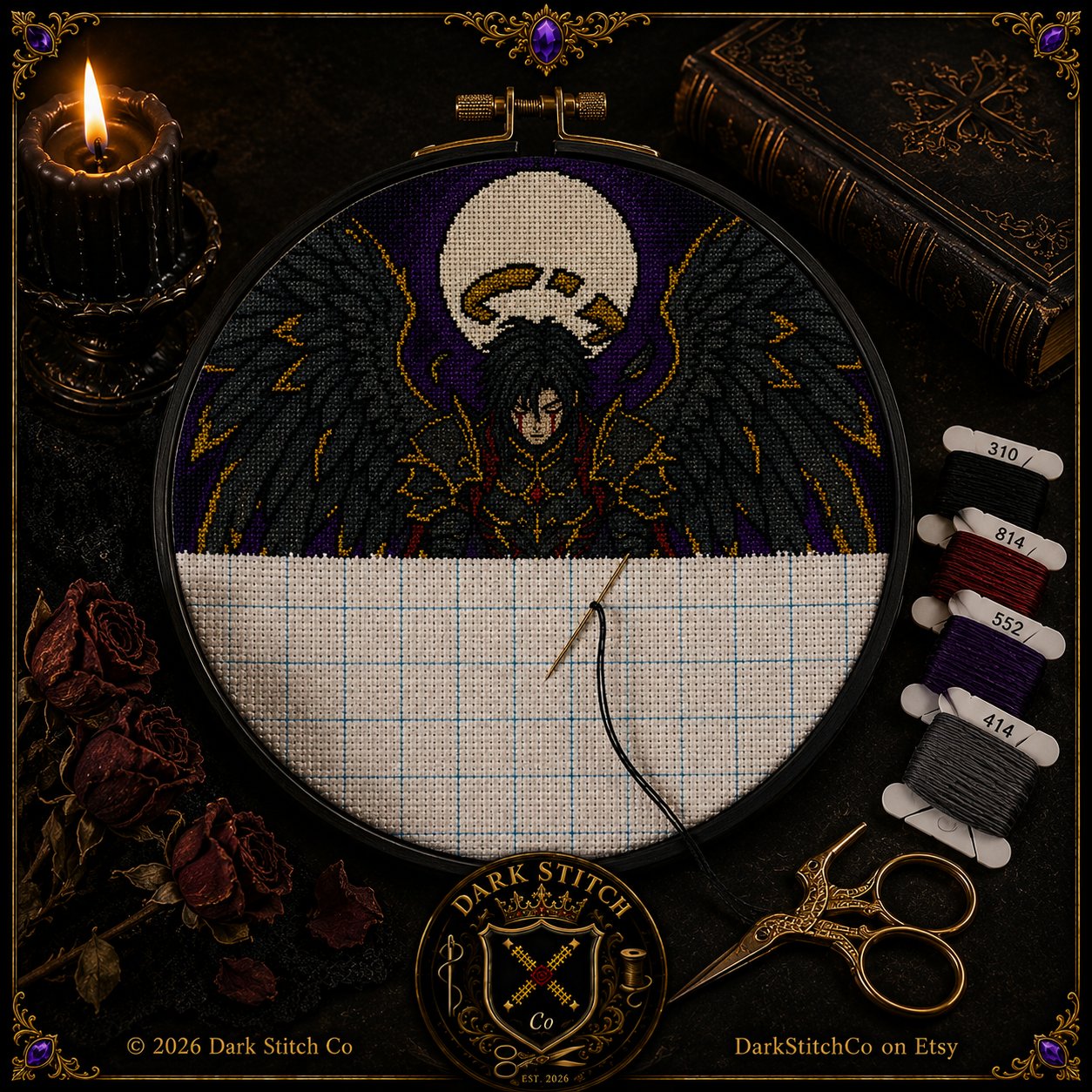 Gothic Fallen Angel cross stitch hoop displayed in witchy gothic home decor aesthetic