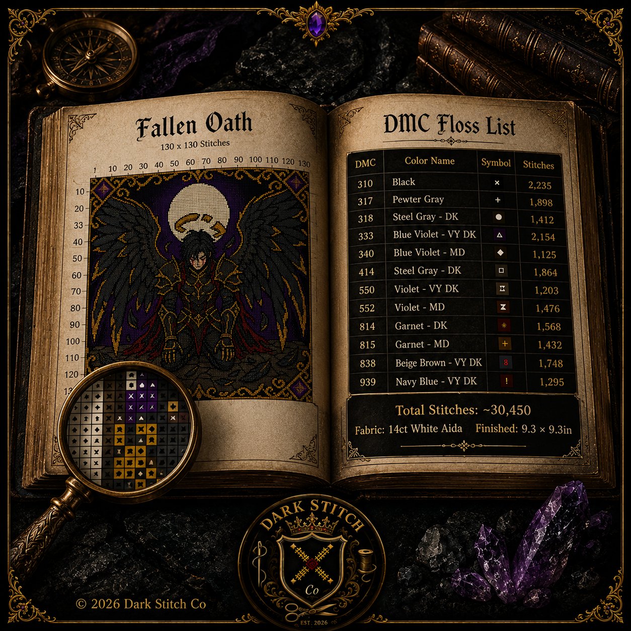 Gothic Fallen Angel cross stitch close-up detail showing intricate gothic stitch work
