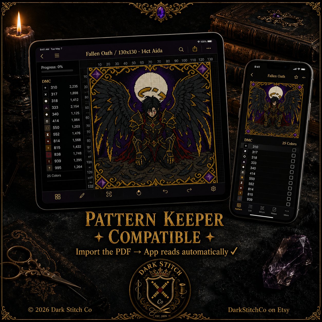 Gothic Fallen Angel cross stitch pattern shown with DMC floss thread color palette