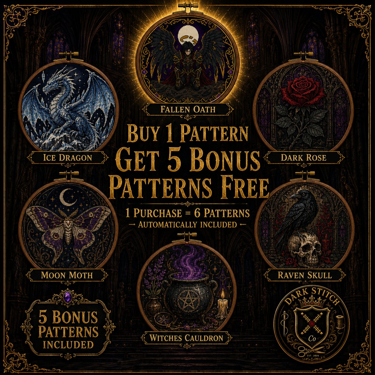 Gothic Fallen Angel cross stitch black and white symbol chart preview — printer friendly