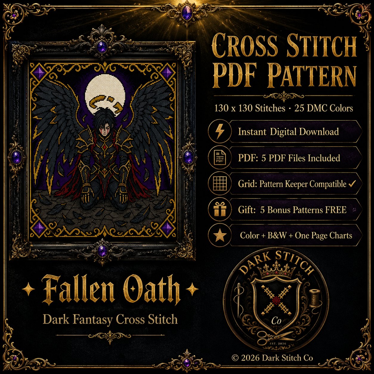 Gothic Fallen Angel cross stitch pattern by DarkStitchCo — instant PDF download with bonus patterns